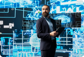 young enterpreneuer interacting with digital ai brain mobile