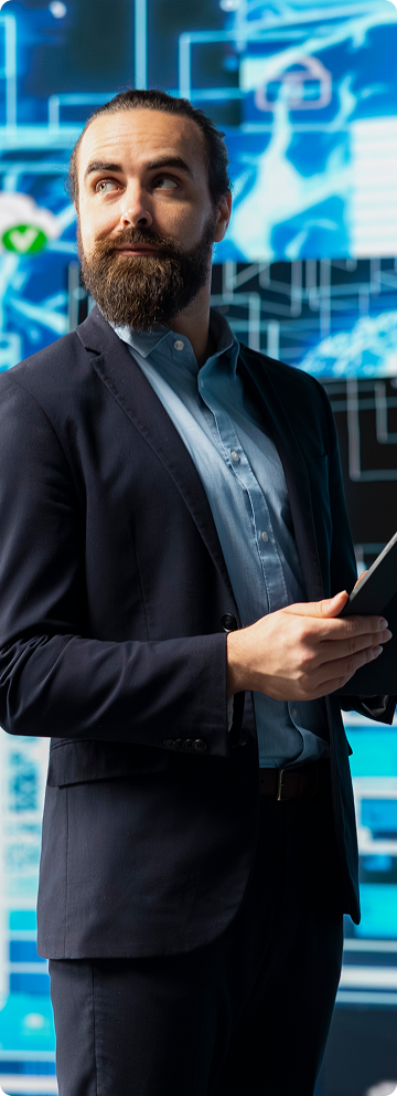 young enterpreneuer interacting with digital ai brain